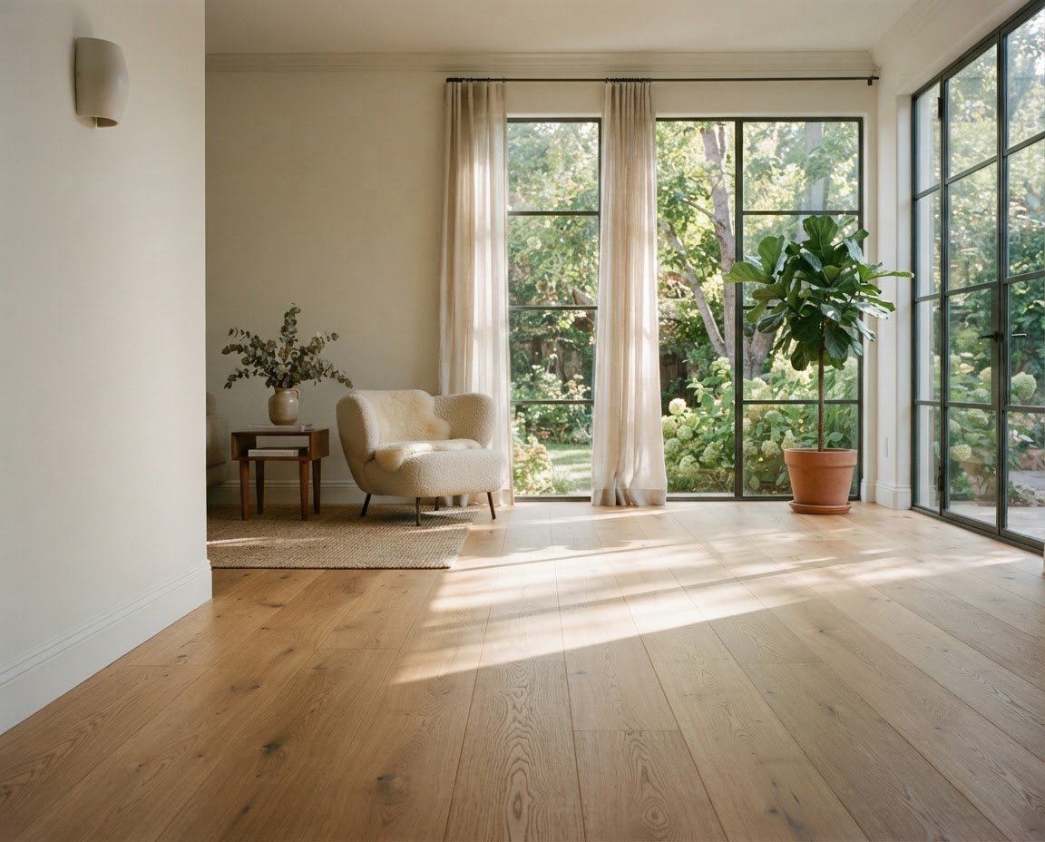 Illustrative oak floor in a bright living room beside tall garden windows