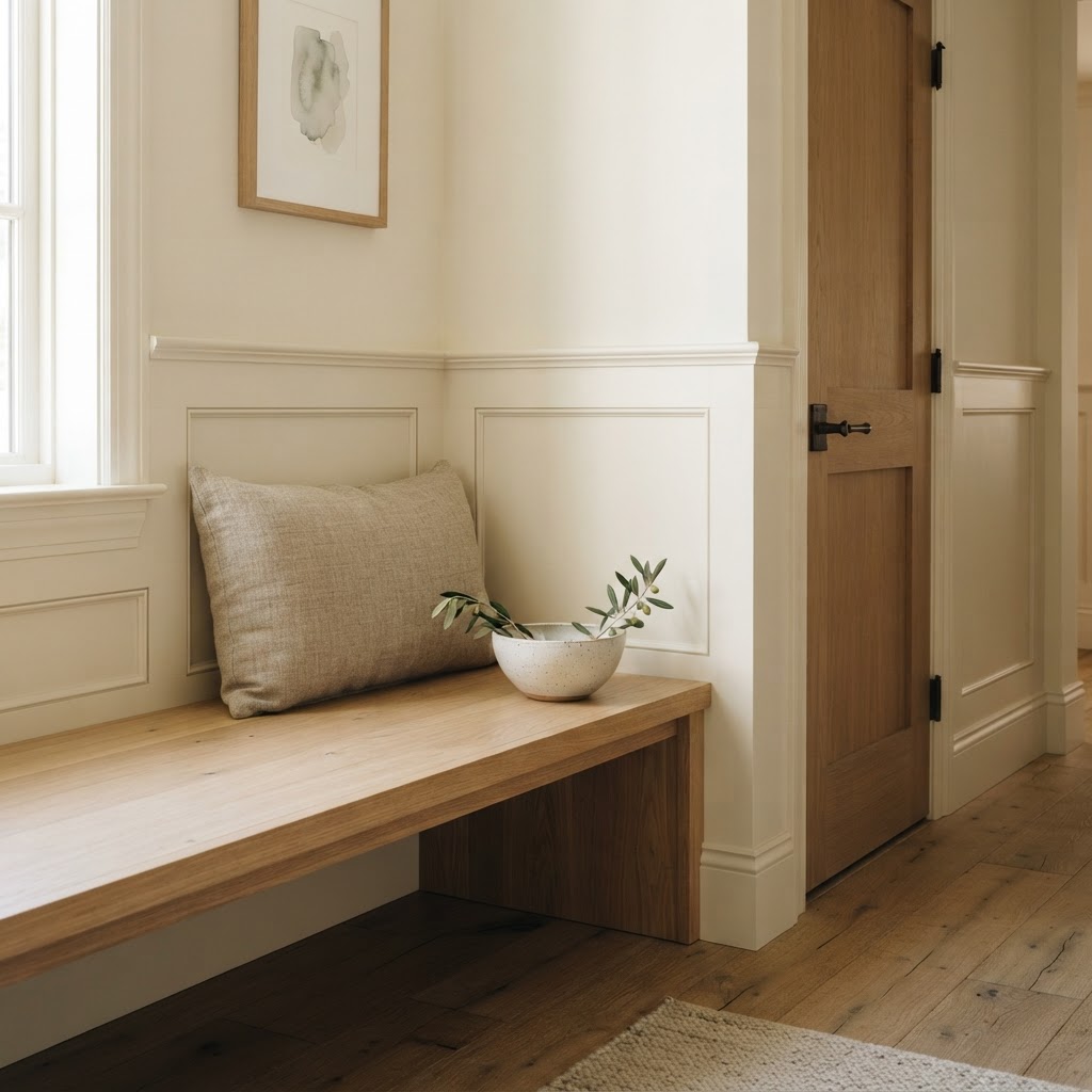 Illustrative timber window seat, wall paneling and door details