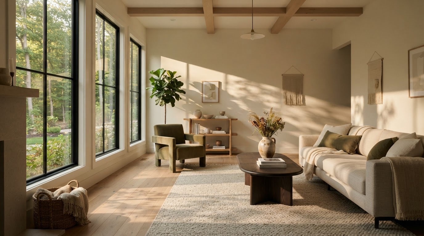 Illustrative sunlit living room with neutral walls, timber beams and a linen sofa