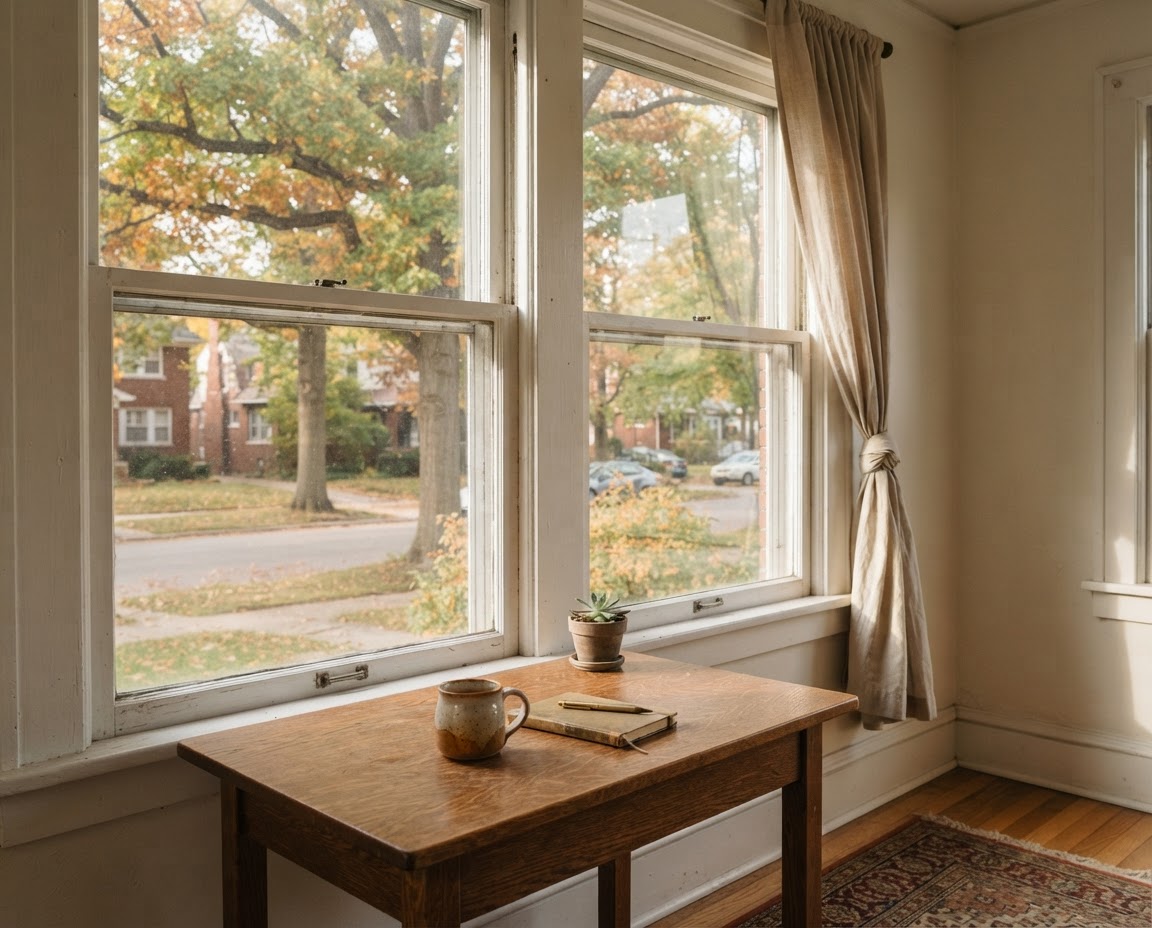 Illustrative neighborhood view from a sunlit window and timber desk