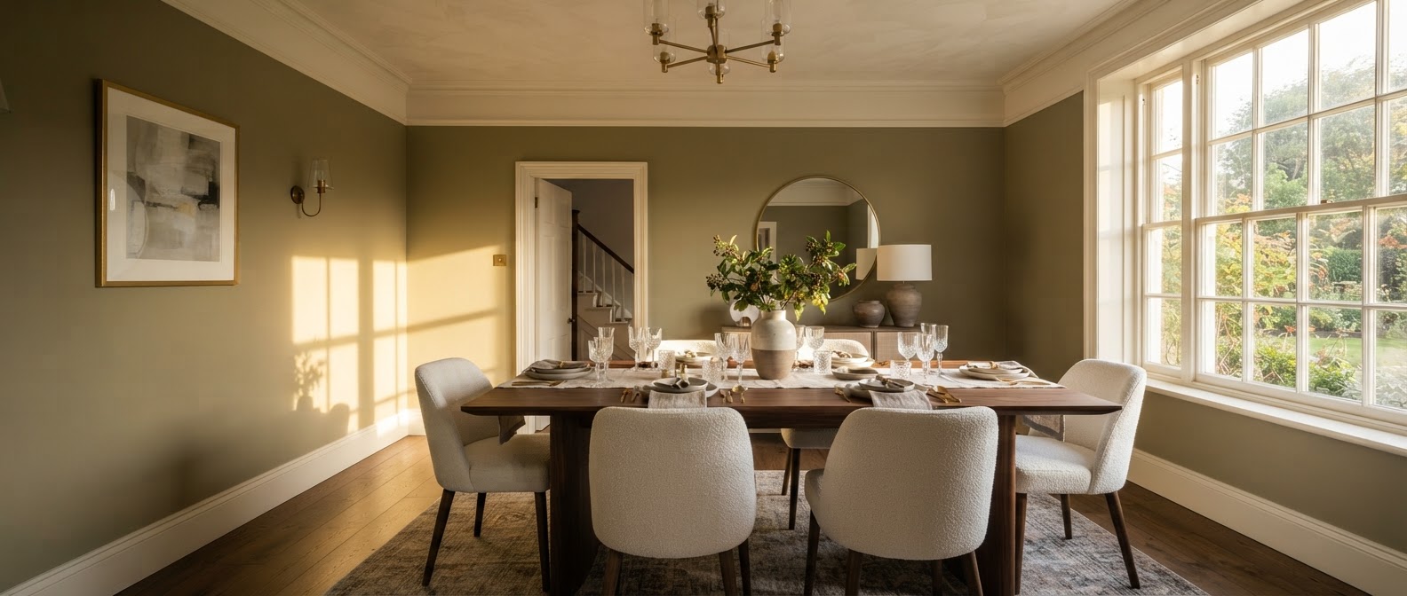 Illustrative dining room showing warm painted walls, trim and afternoon light