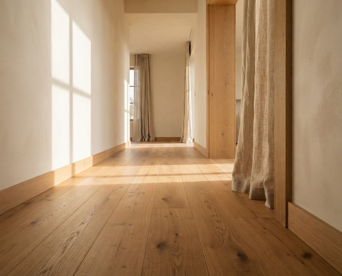 Illustrative warm wood flooring in a light-filled hallway