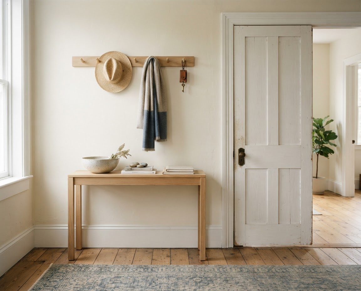 Illustrative entryway with wall trim, a door and a timber console