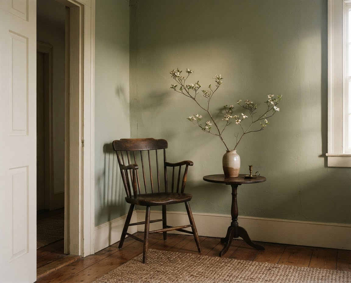 Illustrative painted room with a muted green wall and decorative trim